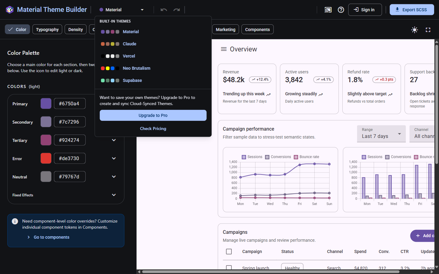 Built-in themes panel in Material Theme Builder