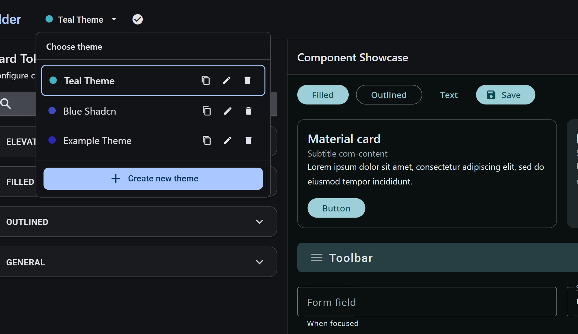 Theme menu in the builder showing several saved themes with seed color dots and actions to switch, duplicate, or rename.